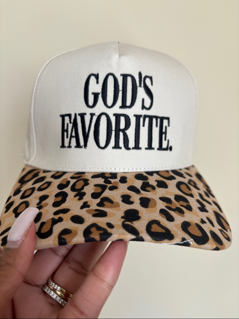 God's Favorite White Trucker Hat with Leopard Brim